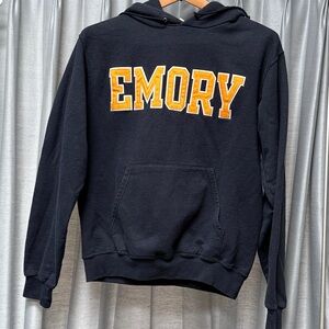 Champion Navy Hoodie with Gold Emory Logo Outlined in White, Cotton Blend Size S